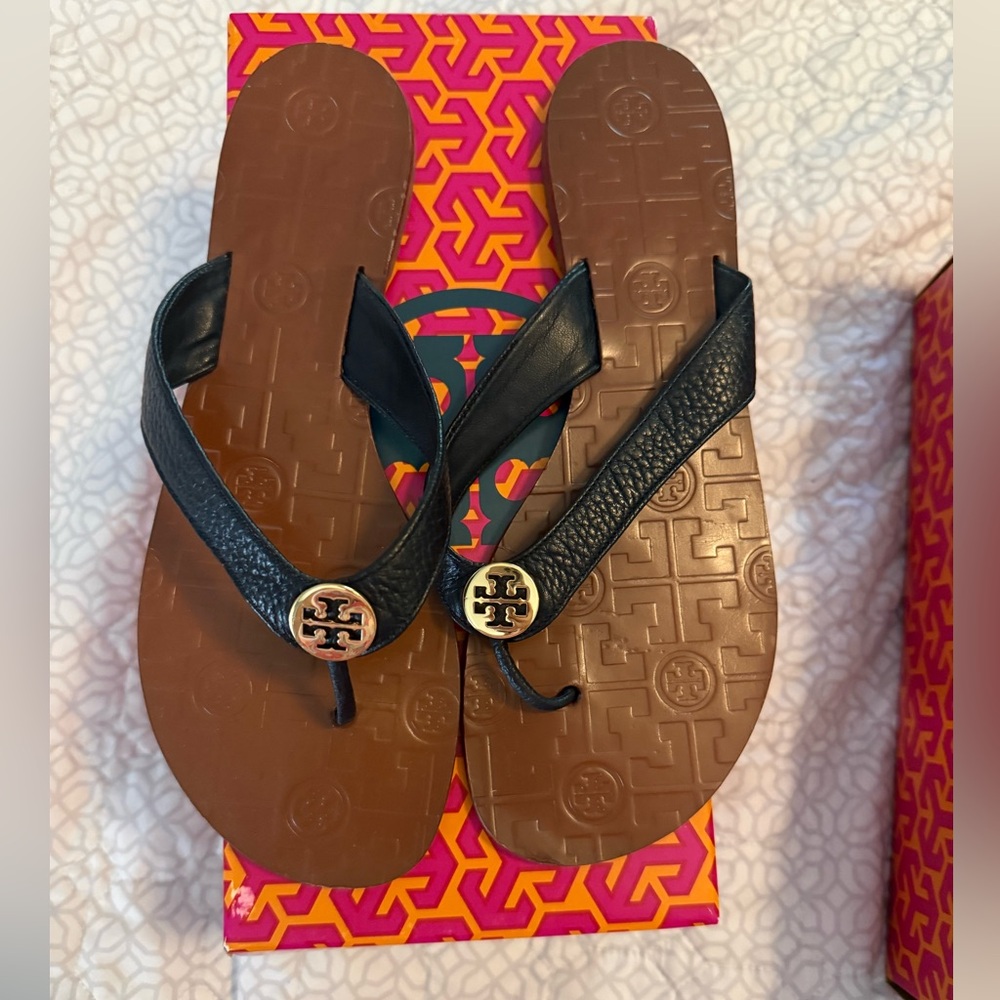 Tory Burch Black and Gold Thora Sandals